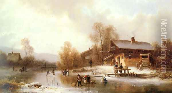 Skaters and Washerwomen in a Frozen Landscape Oil Painting - Anton Doll