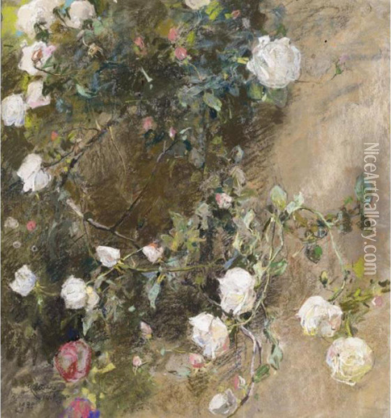 Rose Bianche Rampicanti Oil Painting - Giuseppe Casciaro