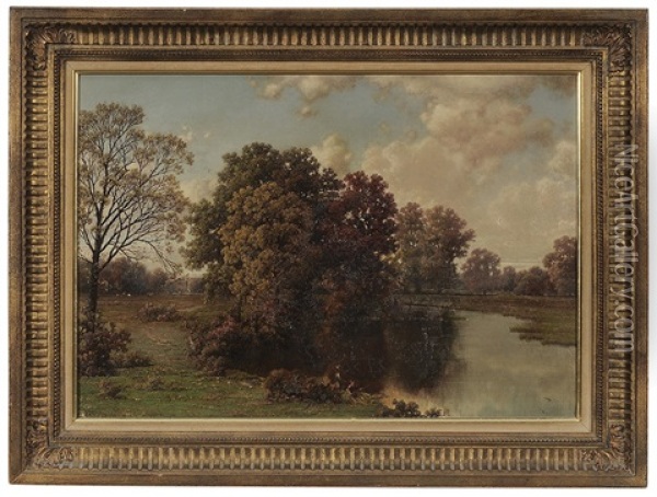 Landscape With Fishermen On A River Bank Oil Painting - William Mason Brown