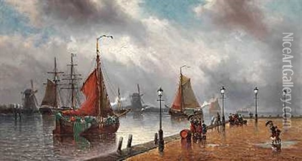 Journee Pluviense. Quai De Dordrecht (hollande) Oil Painting - Auguste Henri Musin