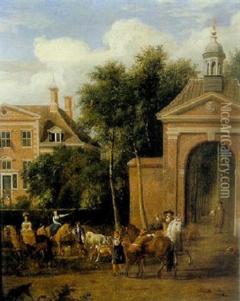 Elegant Figures With Horses In The Park Of House 'harteveld' Maarssen Oil Painting - Jan Van Der Heyden