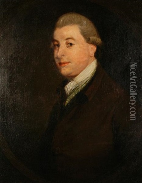 A Portrait Of A Gentleman Wearing A Brown Coat And White Cravat Oil Painting - Thomas Beach