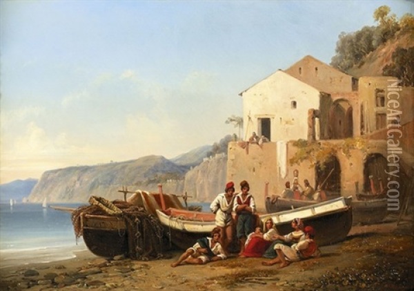 Fischerfamilie An Der Amalfitanischen Kuste Oil Painting - Alphee De Regny