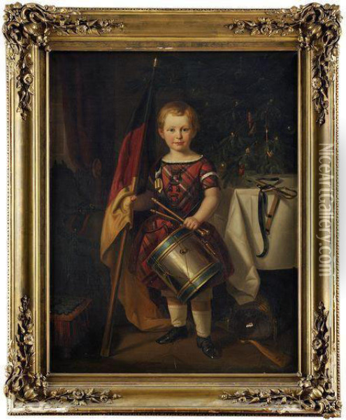 Portrait D'enfant Devant Un Sapin De Noel Tenant Le Drapeauimperial Allemand Oil Painting - Adolf Friedrich Hornemann