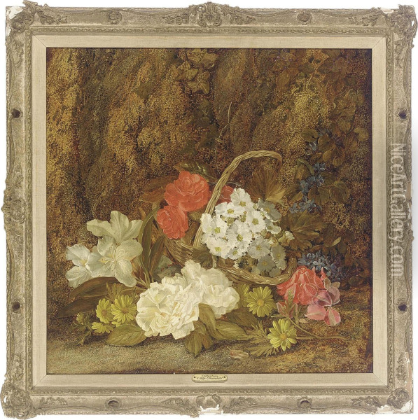 Roses, Primroses, Lilies, Daisies And A Wicker Basket On A Mossy Bank Oil Painting - Vincent Clare