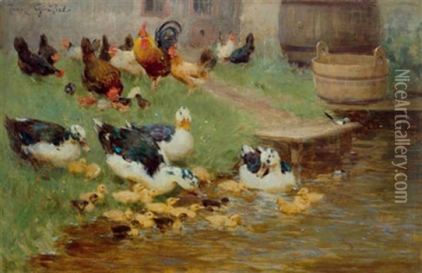 Enten Und Huhner Am Teich Oil Painting - Franz Graessel