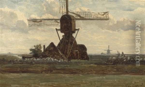 A Windmill In A Dutch Polder Landscape Oil Painting - Paul Joseph Constantin Gabriel