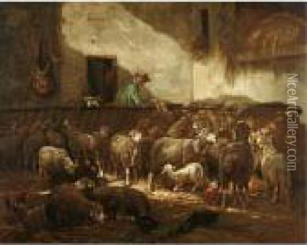 Un Troupeau De Mouton Dans Une Grange Oil Painting - Charles Emile Jacque