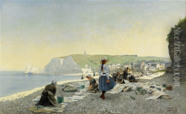 Tvatterskor Pa Stranden, Etretat - Normandie Oil Painting - Gustaf Adelsward