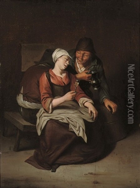 A Peasant Offering A Young Girl A Glass Of Wine Oil Painting - Cornelis Pietersz Bega