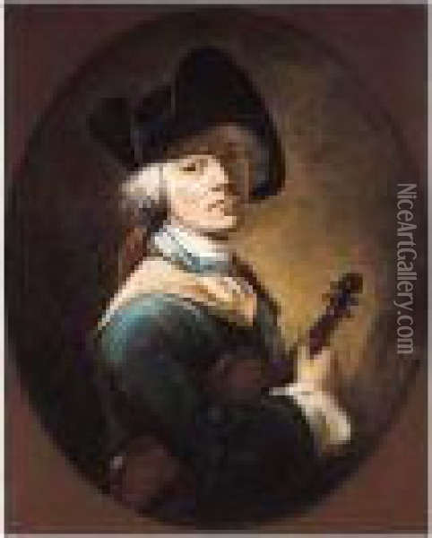 Portrait Of A Young Man Half-length, Wearing A Tricorn Hat, Holding A Violin Oil Painting - Francois-Bernard Lepicie