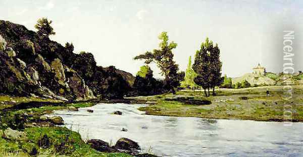 Les bords de l'Aumance, près d'Hérisson, l'église de Chateloy au fond Oil Painting - Henri-Joseph Harpignies