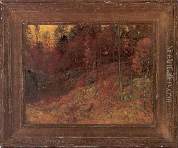 A Forest Brook At Sunset, Autumn Oil Painting - John Joseph Enneking