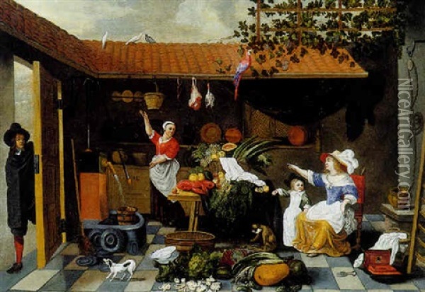 Les Preparatifs Du Repas Dans La Cour D'une Maison Hollandaise Oil Painting - Sybrand Van Beest