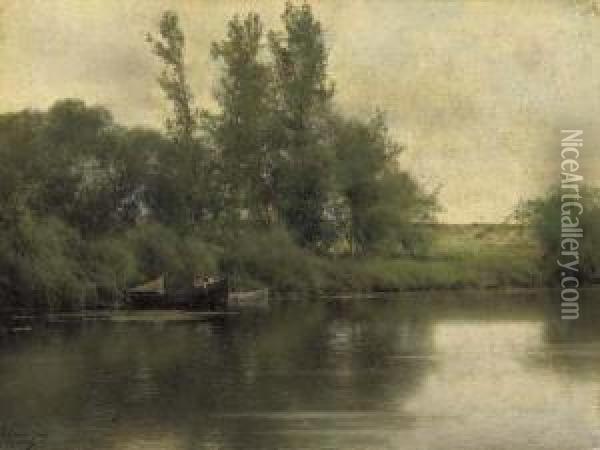Figures In A Boat In A River Landscape Oil Painting - Emilio Sanchez-Perrier