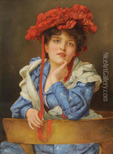 Portrait Of A Young Lady, Wearing A Blue And White Dress And Red Bonnet Oil Painting - Laura Theresa Epps Alma-Tadema