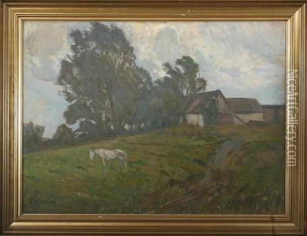 Landscape With Farm And A Horse Oil Painting - Einar Gjessing