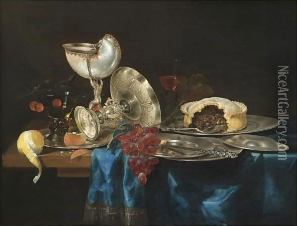 Still Life With A Nautilus Cup, A Meat Pie, A Bunch Of Grapes, Some Pewter Plates And A Partly-Peeled Lemon Oil Painting - Gerrit Willemsz. Heda