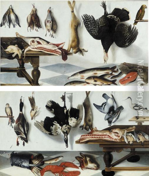 Game Larder With A Hare Partridge Snipea Turkey Head Asparagus Lobster And Trout With A Hawk And A Plove Oil Painting - Cornelis V. Bilt Der Biltius