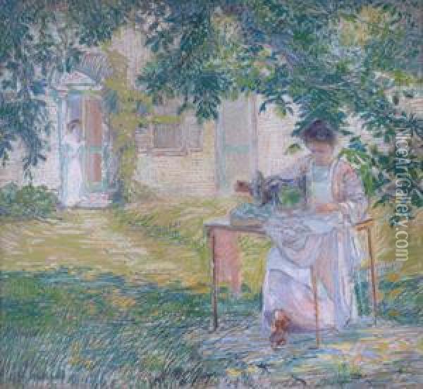 Woman Sewing Under A Tree Oil Painting - Arthur Waston Sparks