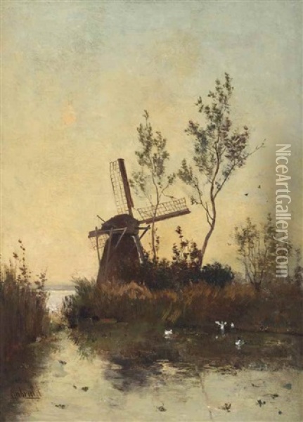 A Windmill At Dusk Oil Painting - Paul Joseph Constantin Gabriel