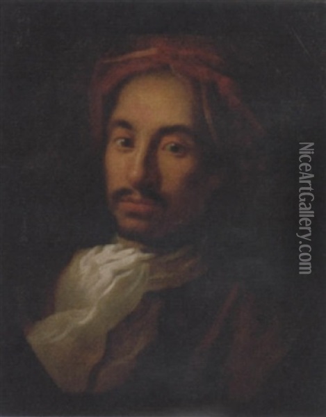Ritratto Di Gentiluomo Con Foulard Bianco, Abito E Copricapo Di Velluto Rosso Oil Painting - Antonio Cifrondi