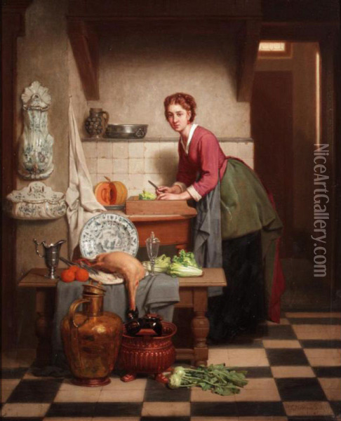 A Woman Preparing Vegetables Oil Painting - Charles Joseph Grips