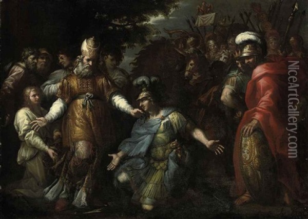 Alexander The Great And Jaddus The High Oriest Of Jerusalem Oil Painting - Pietro da Cortona