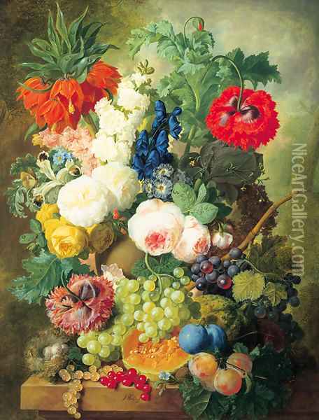Roses, poppies, a crown imperial lily and other flowers in a terracotta vase, with grapes, plums, a melon and a birds' nest on a stone ledge Oil Painting - Jan van Os
