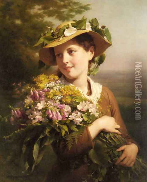 A Young Beauty holding a Bouquet of Flowers Oil Painting - Fritz Zuber-Buhler