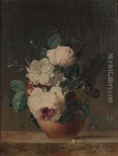 Bouquet De Roses, Muguet, Myosotis, Aubepine Dans Un Vase Sur Un Entablement Oil Painting - Jean Louis, Le Jeune Prevost