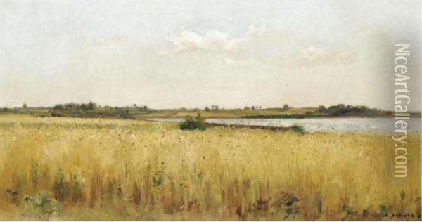 River Landscape With Cornfield Oil Painting - Pierre-Emmanuel Damoye