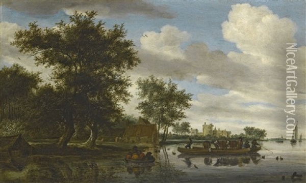 The River Lek With A Rowing Boat And Cattle Ferry, And Liesvelt Castle In The Distance Oil Painting - Salomon van Ruysdael
