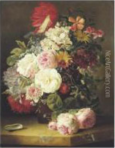 Bouquet De Fleurs Sur Un Entablement De Pierre Oil Painting - Anton Weiss