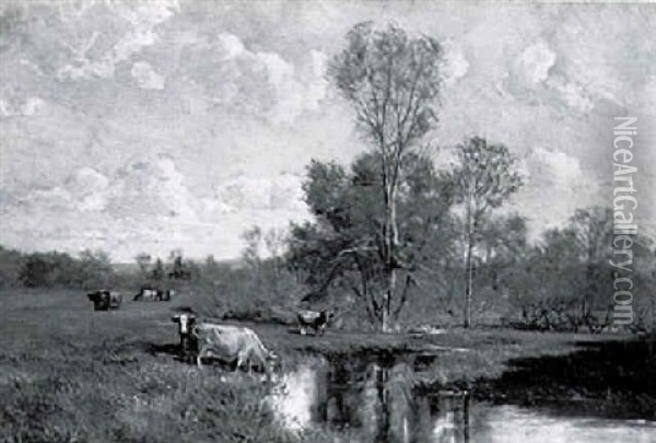 Landscape With Cattle Oil Painting - Olive Parker Black