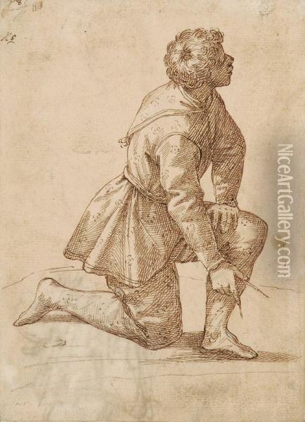 Kniender Jungling Nach Rechts, Einen Zirkel In Handen Haltend - Ruckseite: Romischer Soldat In Halbfigur Oil Painting - Giuseppe Ghezzi