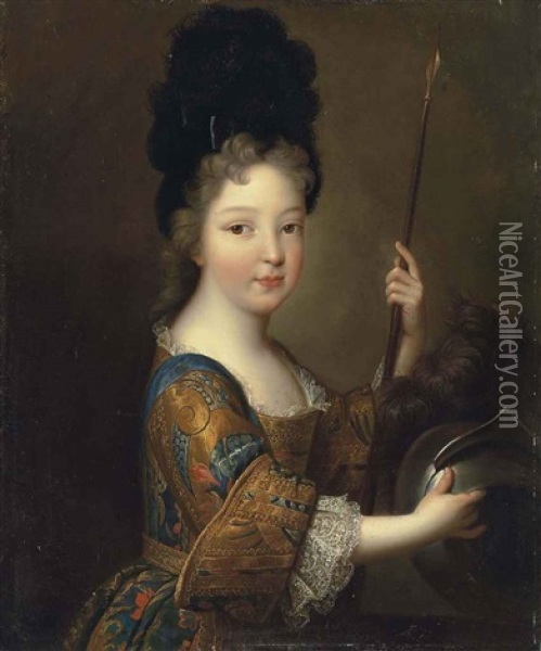 Portrait Of A Boy As Mars In A Richly Embroidered Dress And Black Feather Headdress, Holding A Spear And A Helmet Oil Painting - Alexis-Simon Belle