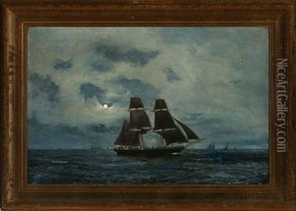 Seascape With Sailing Ships, Evening Oil Painting - Carl Julius Emil Olsen
