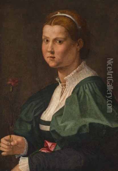 Brustportrat Einer Jungen Dame Mit Nelke Oil Painting - Giuliano Bugiardini