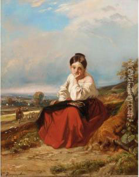 A Seated Young Girl In A Landscape Oil Painting - Camille-Joseph-Etienne Roqueplan