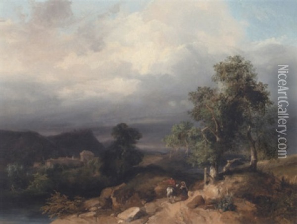 Italianate Landscape With A Woman And A Rider Oil Painting - Jules Coignet