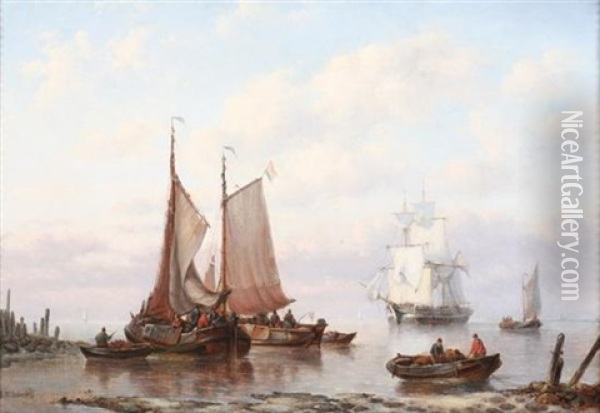 Ships At Shore With Seamen Oil Painting - George Willem Opdenhoff