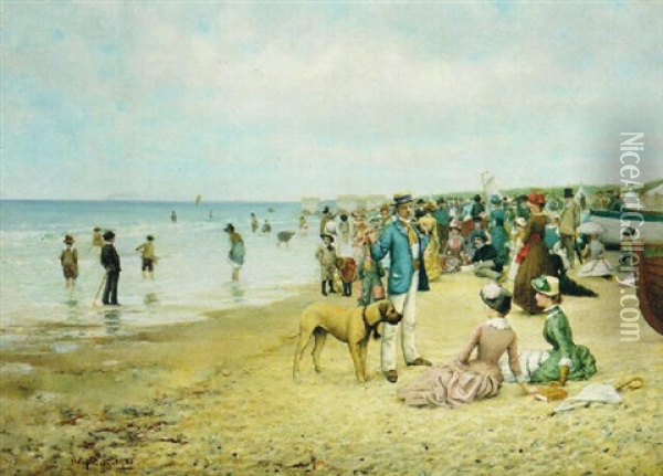 A Day At The Beach Oil Painting - Owen Dalziel
