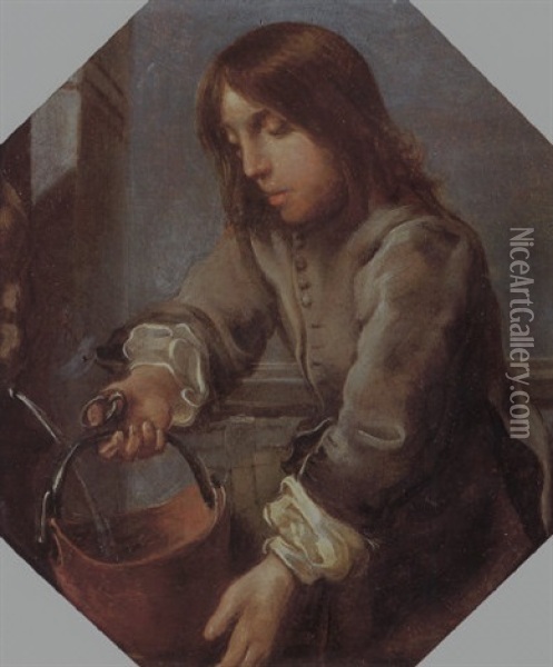 A Boy At A Well Filling A Bucket With Water Oil Painting - Bernhard Keil
