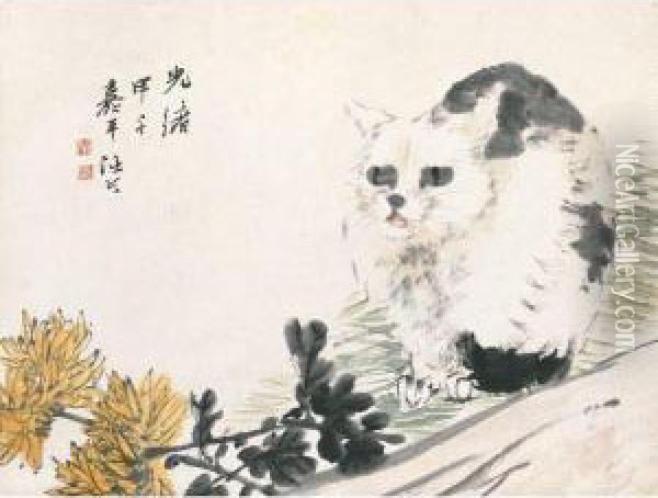 Chrysanthemum And Cat Oil Painting - Ren Yi