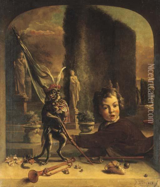 A Trompe L'oeil Casement With A Boy And A Monkey Oil Painting - Jan Weenix