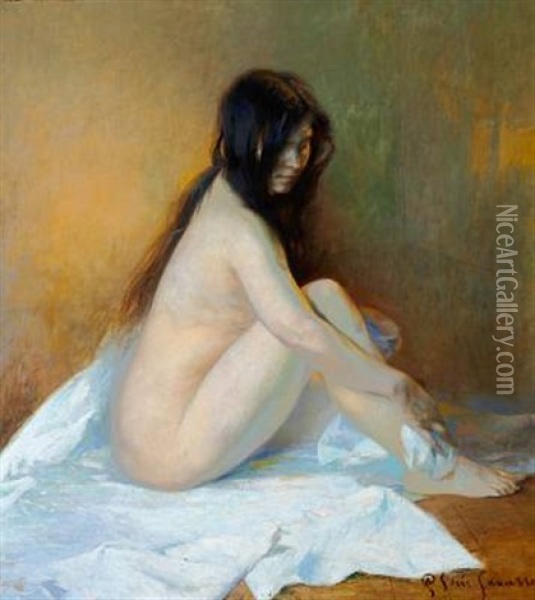 A Sitting Female Nude Oil Painting - Alexandre Claude Louis Lavalley