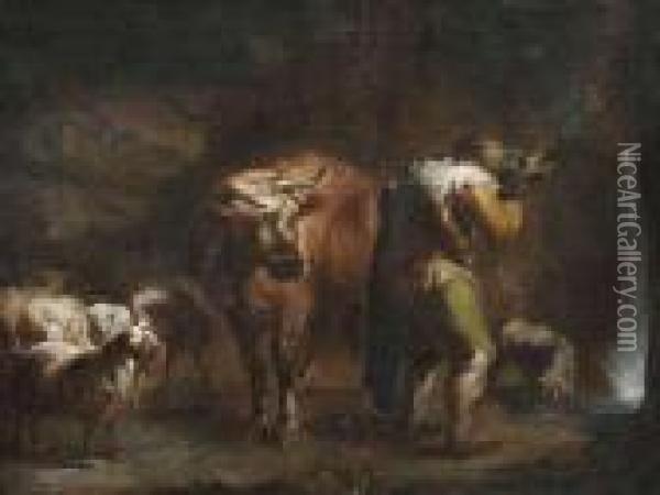 Herdsman With Herd At A Small Cascade Oil Painting - Philipp Peter Roos