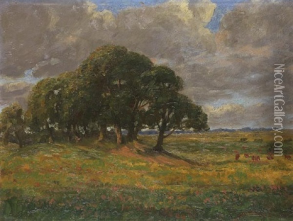Baumgruppe In Landschaft (+ Landschaft Mit Einzelnem Laubbaum, Verso) Oil Painting - Anton Nissen