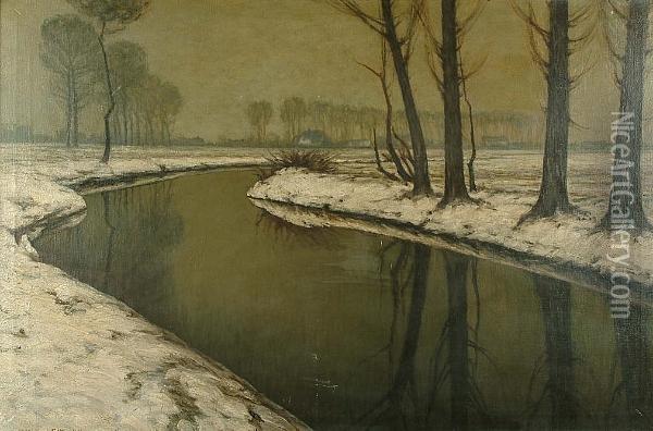 A Snowy River Landscape Oil Painting - Ferdinand Bohmer-Fest